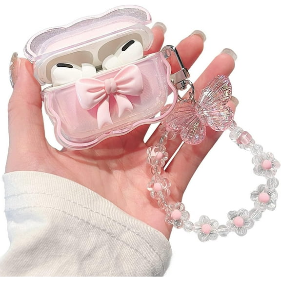 Compatible with Airpods 3 Clear Case,Wave Frame 3D Bow Pattern Design with Cute Butterfly Flower Keychain, Soft TPU Protective Shockproof Case for Airpods 3 for Girls Women