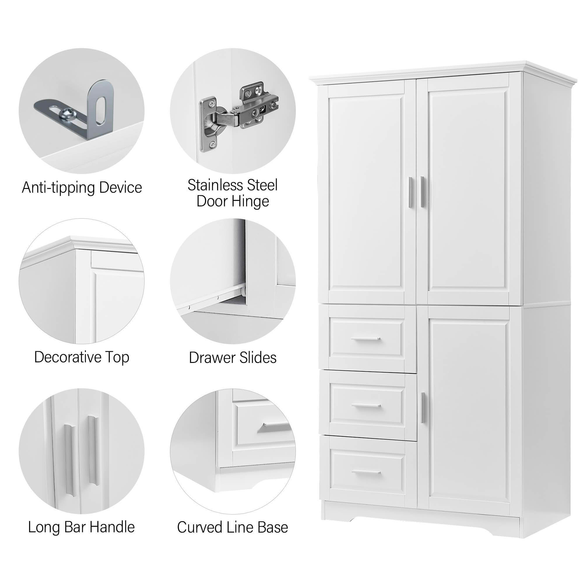 MAYEERTY Tall Wide Storage Cabinet with Doors, 3 Drawers, Bathroom Office Use, White