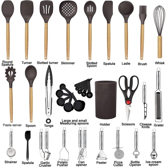35-Piece Kitchen Utensil Set with Wooden Handles and Heat Resistant Silicone Heads for Non-Stick Cookware