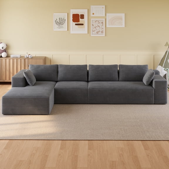 Sofa, Lofka 135" Corduroy L Shaped Modular Sectional with Chaise, Oversized Boneless Cloud Couch, No Assembly Living Room Furniture,Gray