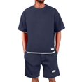 thumbnail image 2 of HAJWOH Men Two Piece Outfits Sets Waffle Knit Crew Neck Short Sleeve Shirts Elastic Waist Bermuda Shorts Set Tracksuit, 2 of 5