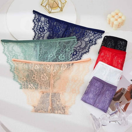 7PC Womens Underwear Low-Rise Seamless Sheer Lace Sexy Underwear For Women Solid Color Free Size Lightweight No-Show Panties Bikini Briefs