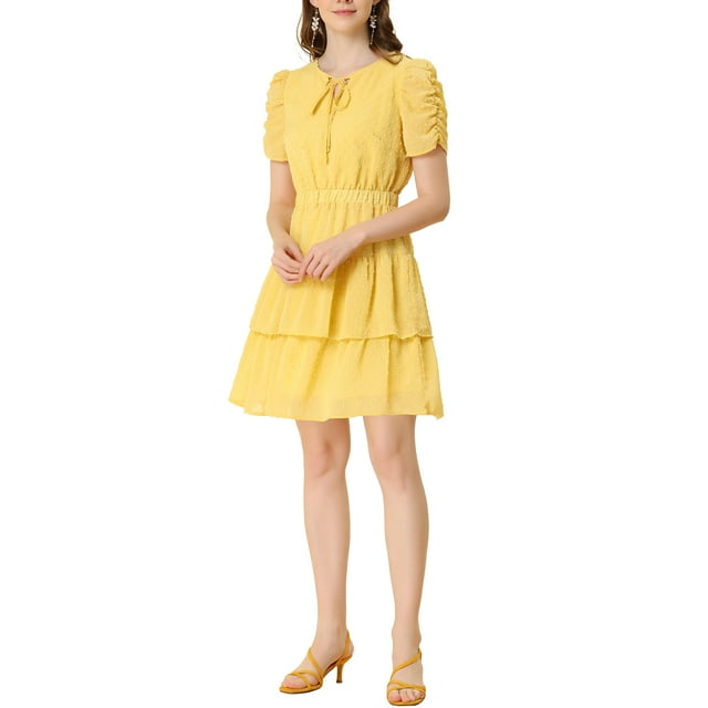 INSPIRE CHIC Women's Tie Neck Ruched Sleeve Elastic Waist A-Line Double Layers Ruffle Hem Short Dress M Yellow