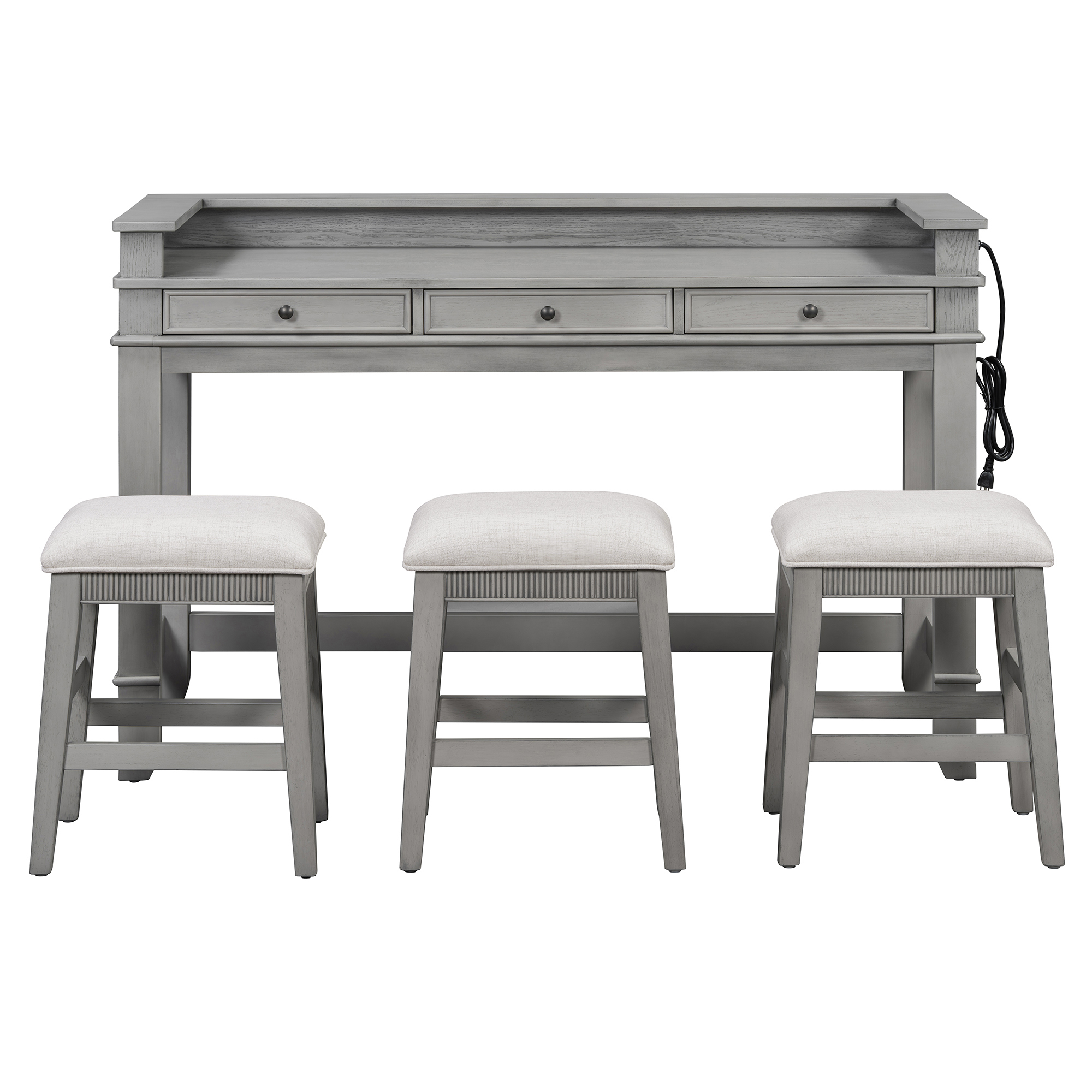 Euroco 4-Piece Kitchen Bar Table and Chairs Set for 3,Retro Dining Room Set with Power Outlet,3 Drawers & 3 Stools for Small Spaces,Light Grey
