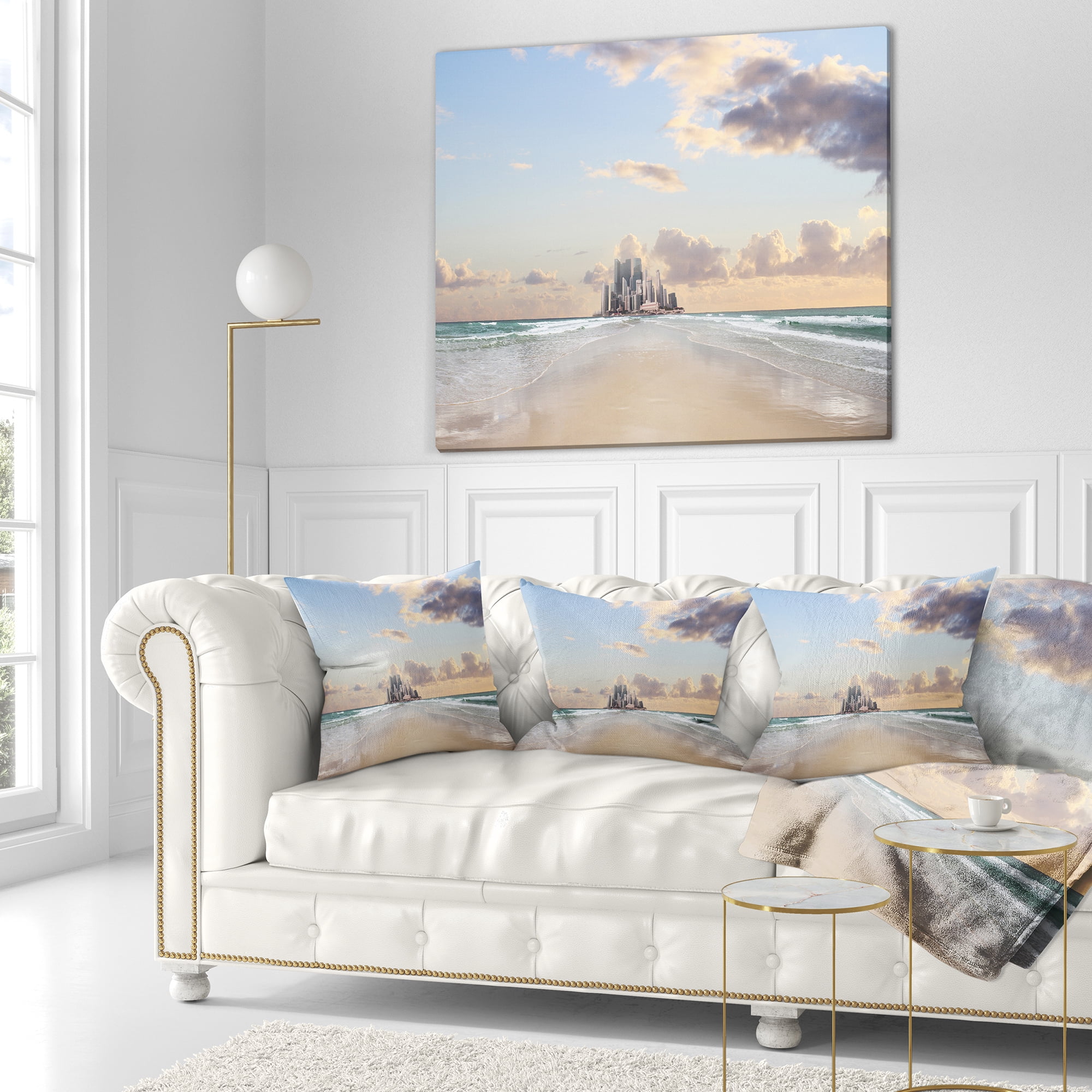 Designart Road along the Beach to City - Modern Seascape Throw Pillow - 18x18