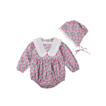 

Bmnmsl Baby Romper Hat Lace Flower Print Lotus Leaf Decoration Jumosuits