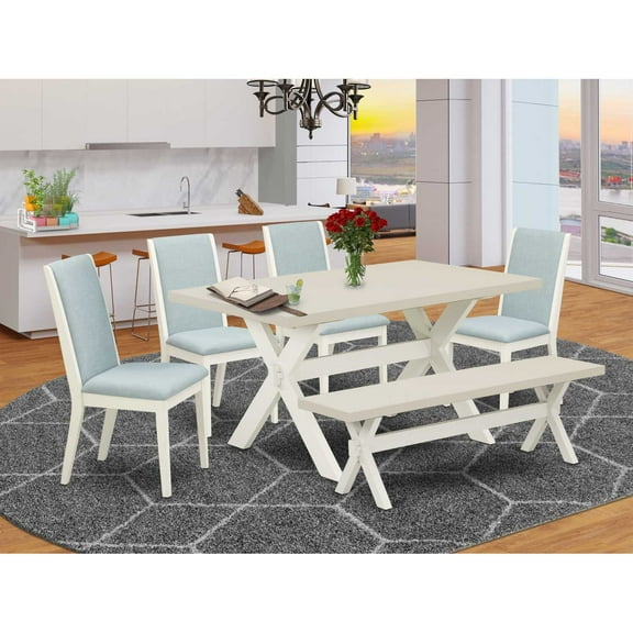 East West Furniture X026LA015-6 6Pc Dinette Sets for Small Spaces Includes a Dining Table, 4 Parsons Dining Chairs with Baby Blue Color Linen Fabric and a Bench, Medium Size Table with Full Back...