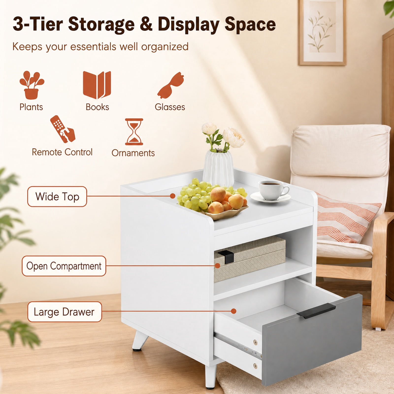 Furnibear Modern Nightstand with LED Lights Sliding Drawer and Open Compartment for Bedroom Living Room Bedside Sofa Side Small Space, White