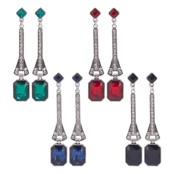 4 Pairs 1920s Flapper Art Deco Gatsby Earrings for Women Wedding Green Red Blue Black Rhinestone Chandelier Drop Long Dangle Earrings Wedding