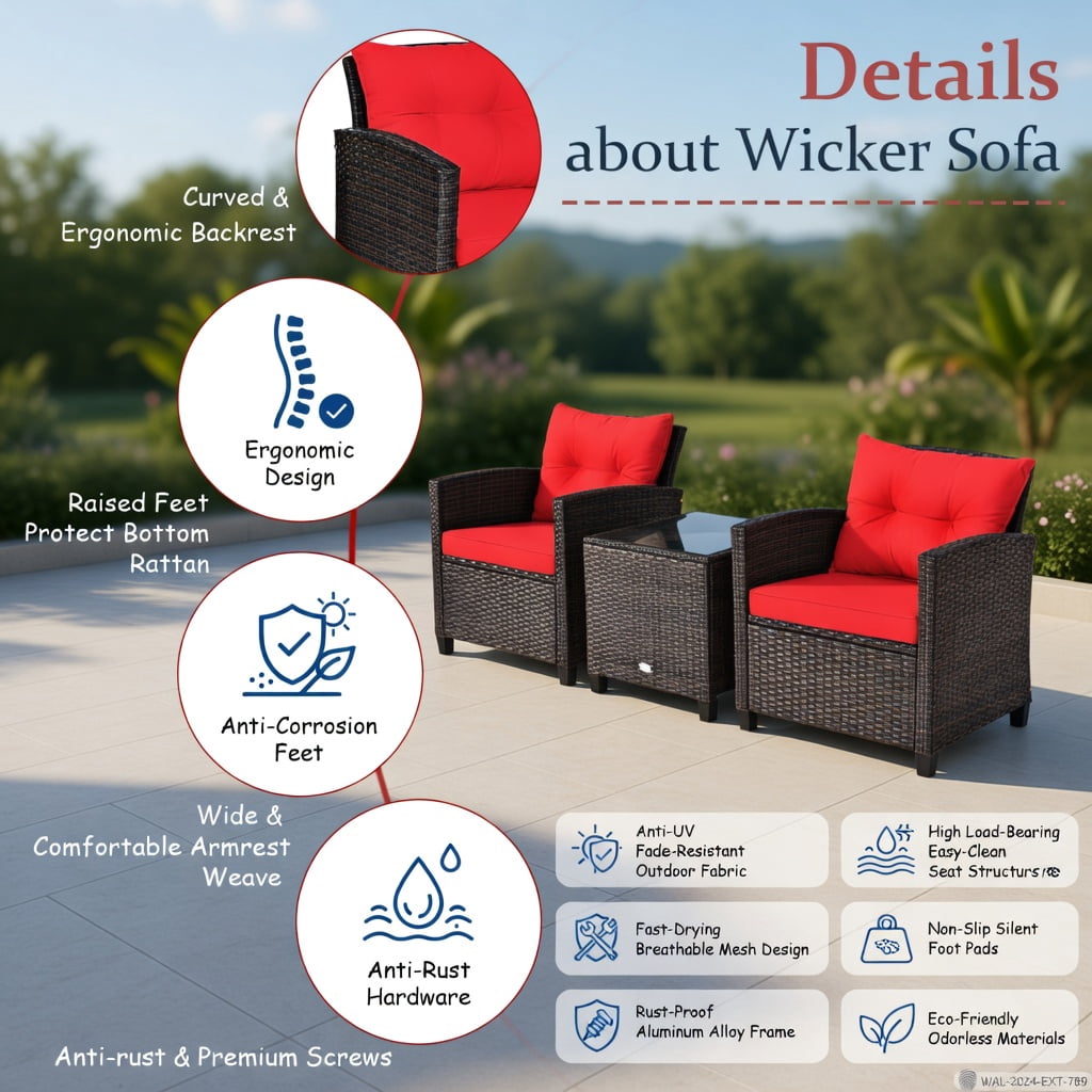Hommoo 3-Piece Outdoor Rattan Patio Furniture Set with Cushions, Wicker Conversation Set Including 2 Armchairs & Coffee Table with Tempered Glass Top, Red