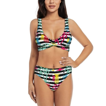 Zeuib Trendy Colorful Pineapples High Waisted Tummy Control Bikini Set - Knot Front Push Up Top & Cheeky Thong Bottom  Two-Piece Swimsuit for Women-Small