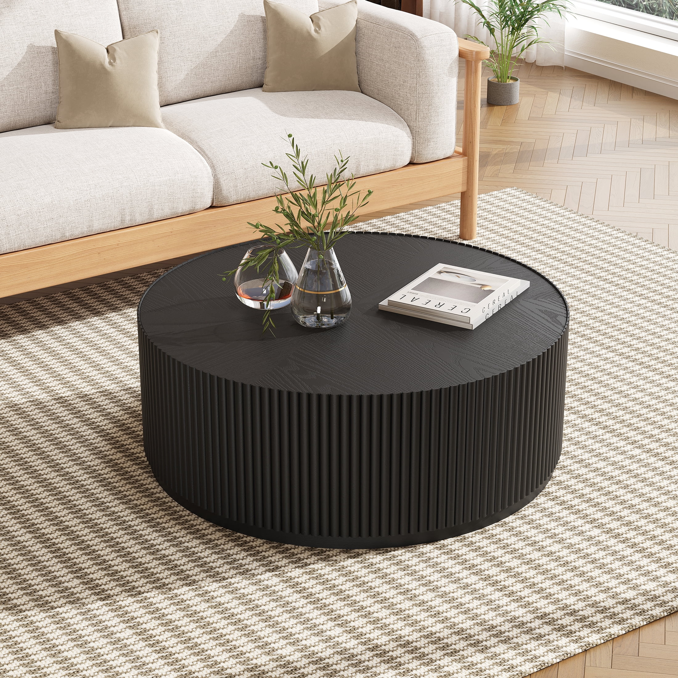 Gelloan 31.5" Round Coffee Table with Two Drawers，Circle Coffee Table Space-Saving Multiple Purpose for Living Room，Dining Room and Home,Black