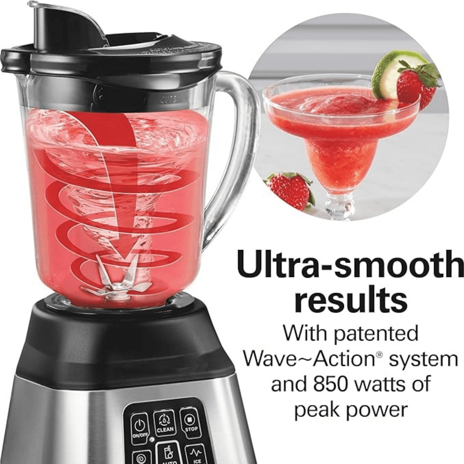 Beach Blender for Smoothies with 5 Functions Including Auto Smoothie Cycle, Wave Action System for Ultra Smooth Results, 850 Watts, 40oz  Glass Jar, Stainless Steel