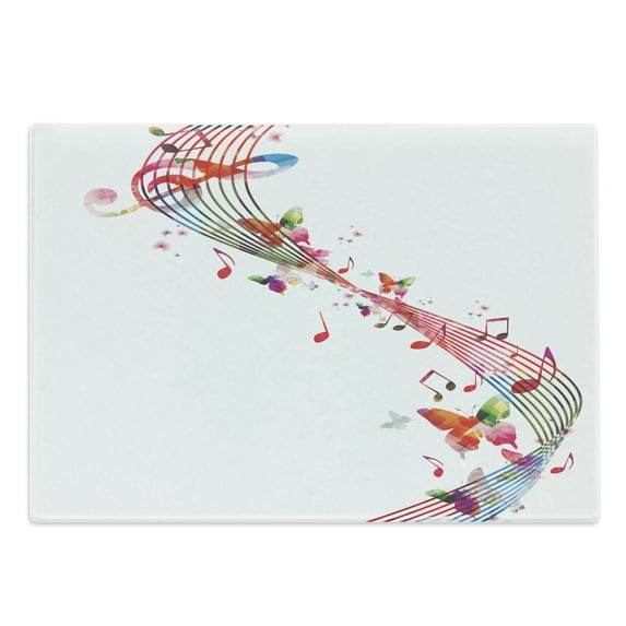 Music Cutting Board, Colorful Art with Musical Notes and Butterflies Springtime Inspired Party Theme, Decorative Tempered Glass Cutting and Serving Board, Large Size, Multicolor, by Ambesonne