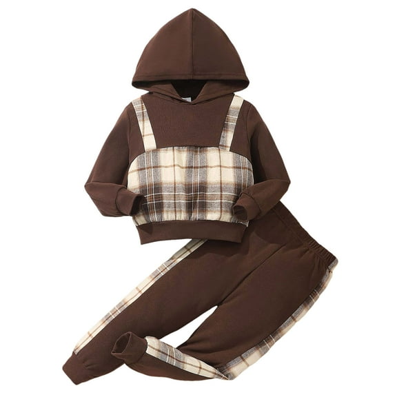 YDFCWXW Toddler Kid Girl Clothes Print Drop Shoulder Hoodie Put Together Plaid Pants 2PC Set (Coffee, 6-7 Years)