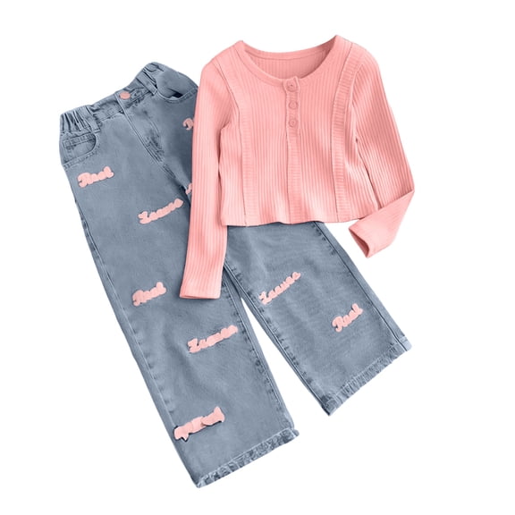 vigerkar Girl Outfit Todder Clothes Long Sleeve Tops   Denim Pants Set (Pink, 6-7 Years)