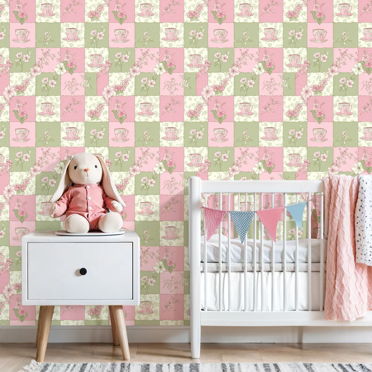 Sage Green Peel and Stick Wallpaper Pink Green Floral Tea Cups Botanical Design Wall Mural 23.6in x 9.8ft Self Adhesive Removable Wall Paper Renter Friendly Wallpaper for Girls Bedroom Livingroom