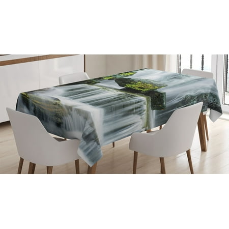 

Waterfall Decor Tablecloth Majestic Waterfall Blocked with Massive Rocks with Moss on Them Rectangular Table Cover for Dining Room Kitchen 60 X 90 Inches Green Black and White by Ambesonne
