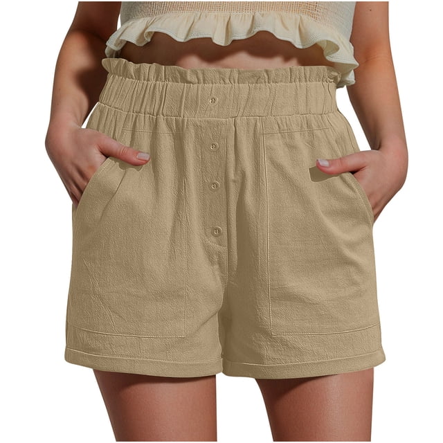 Summer Clearance 2025! Womens Plus Size Pants,Women's Summer Cotton And Linen Solid Color Ruffled Loose Button Shorts With Pockets