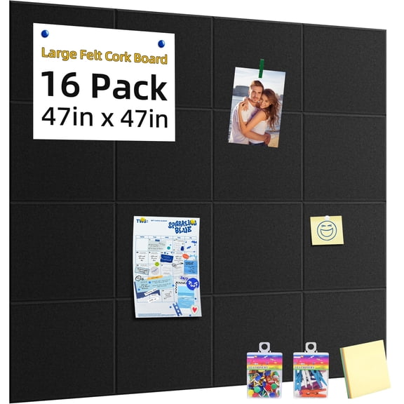 Reichtum Large Felt Bulletin Board 47 X 47 Inches, 16 Pack Felt Wall Tiles with 100 Thumb Tacks & 10 Push Pin Clips & Sticky Notes, Large Cork Boards for Walls, Black