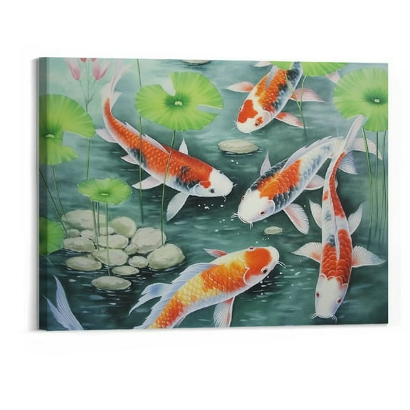 Creowell  Chinese Traditional Painting on Canvas Koi Fish Art Prints for Wall Decor Canvas Poster Canvas Wall Art Living Room Bedroom Dining Room Decor Mural (20x16 Inch)