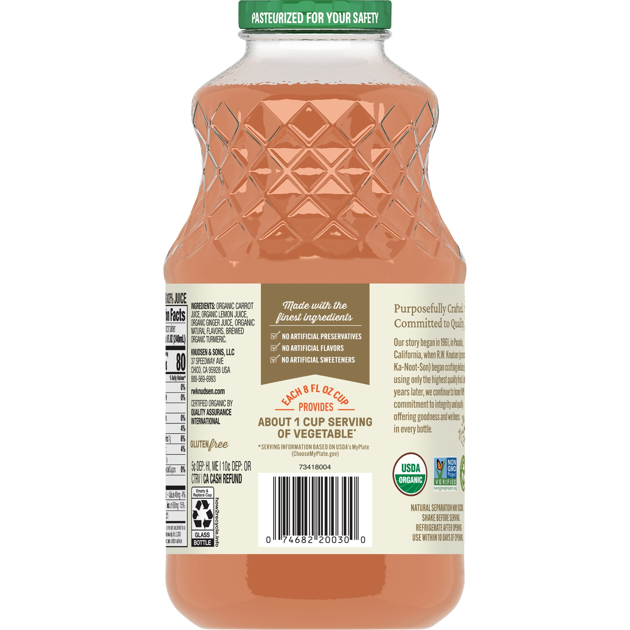 R.W. Knudsen Family Organic Carrot Ginger Turmeric Beverage, 100% Juice, 32 oz, Glass Bottle