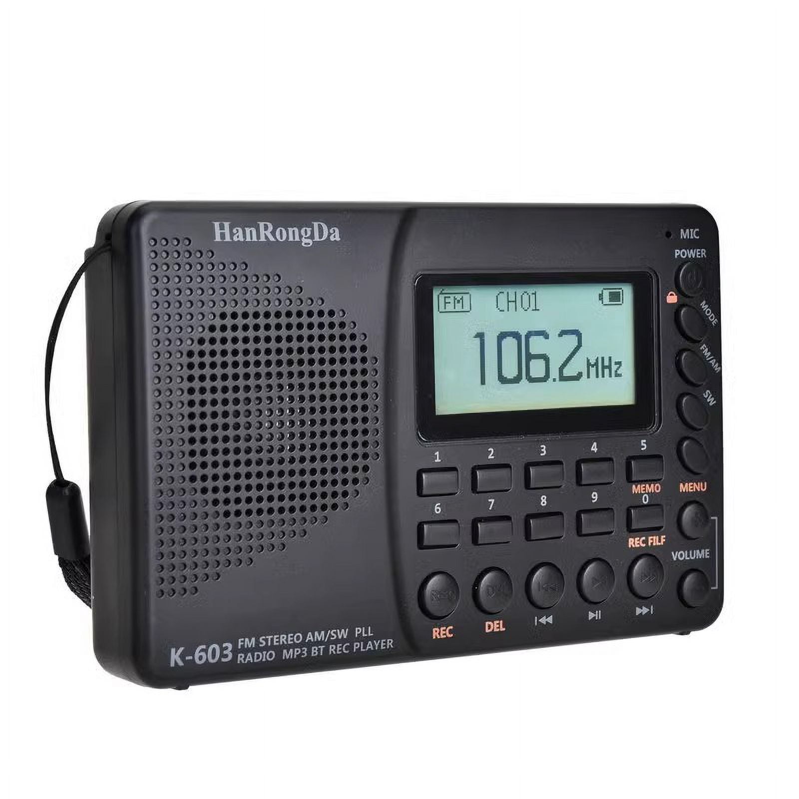 MUSICOZY Portable Digital Radio,LCD Display Radio with Speaker,AM/FM/SW/BT Pocket Radios,USB MP3 Digital Recorder,Support TF Card Bluetooth Speaker,Power-Off Memory Function Radio(Black)
