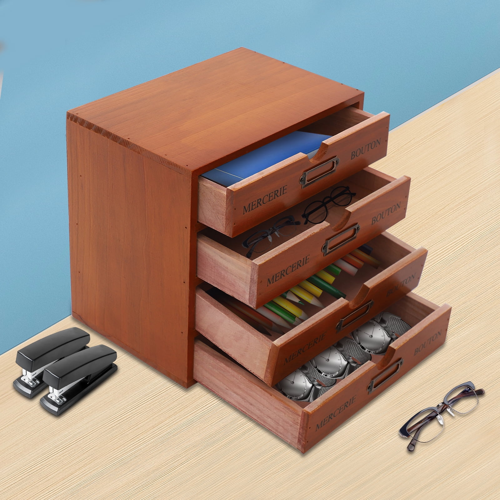 4 Drawer Desk Organizer,Wooden Vintage Storage Drawers Library Card Catalog Wood Storage Box for Stationery Thread Embroidery Sewing Crafts Junk