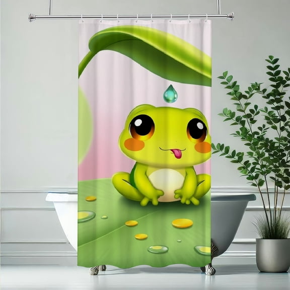 RKSupls Waterproof Shower Curtain, Kawaii Frog Lily Pad Dewdrop Polyester Shower Curtain with Hooks for Chic Elegant Home Bathtub Bathroom Decor Washable,90x180cm