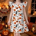 thumbnail image 2 of WAYUTE Girls Halloween Flutter Sleeve Dress Cartoon Pumpkin Print Soft Lightweight A Line Dress for Theme Party Casual Outdoor,White,Size 7-8 Y, 2 of 4