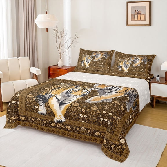 jejeloiu Wild Tiger Animal Twin Sheet Sets,Retro Rustic Flower Bedding For Men Women 3-Piece
