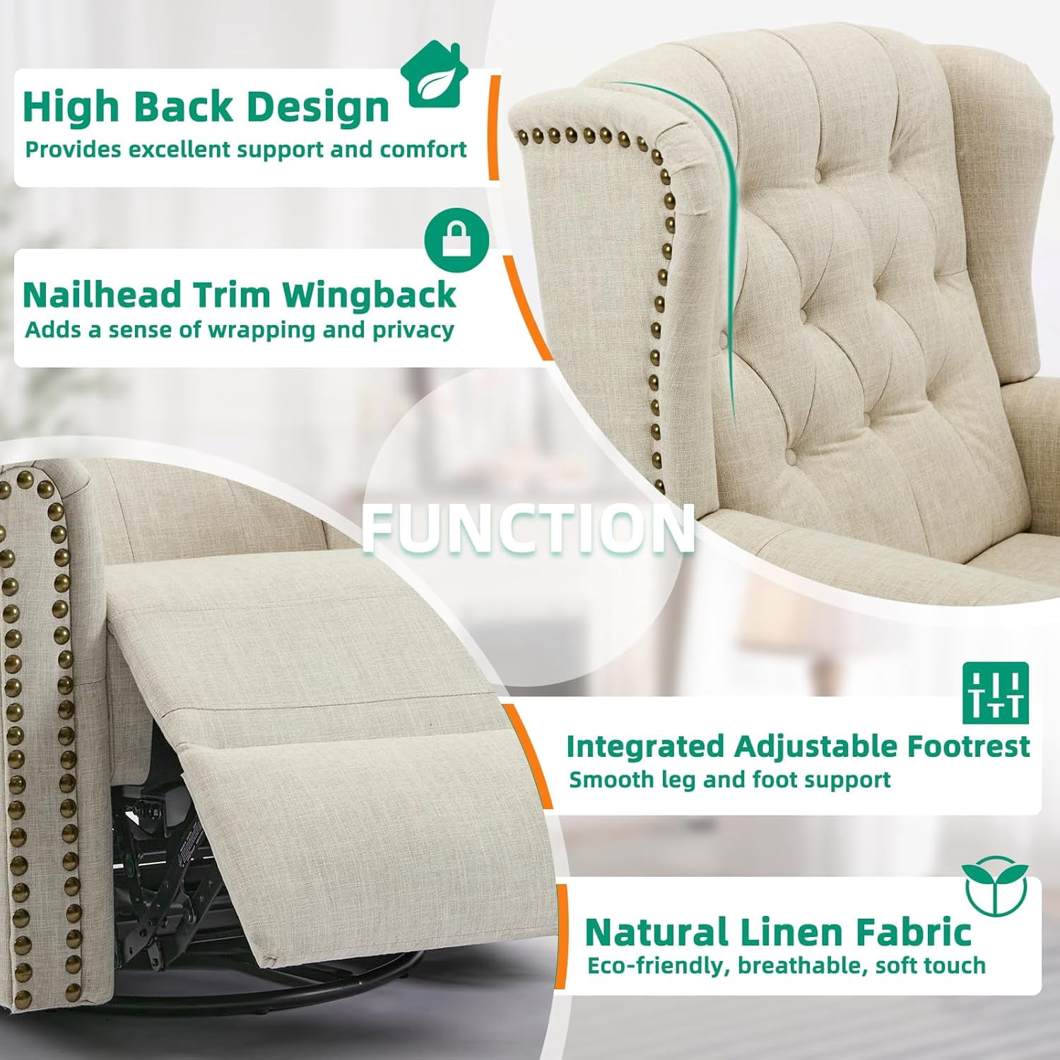 VIVIJASON Power Swivel Rocking Recliner Chair with Massage & Heat, Electric Rocker Glider Chair for Nursery, Wingback Tufted Upholstered Recliner W/Type-C & USB Ports for Living Room, Bedroom, Beige