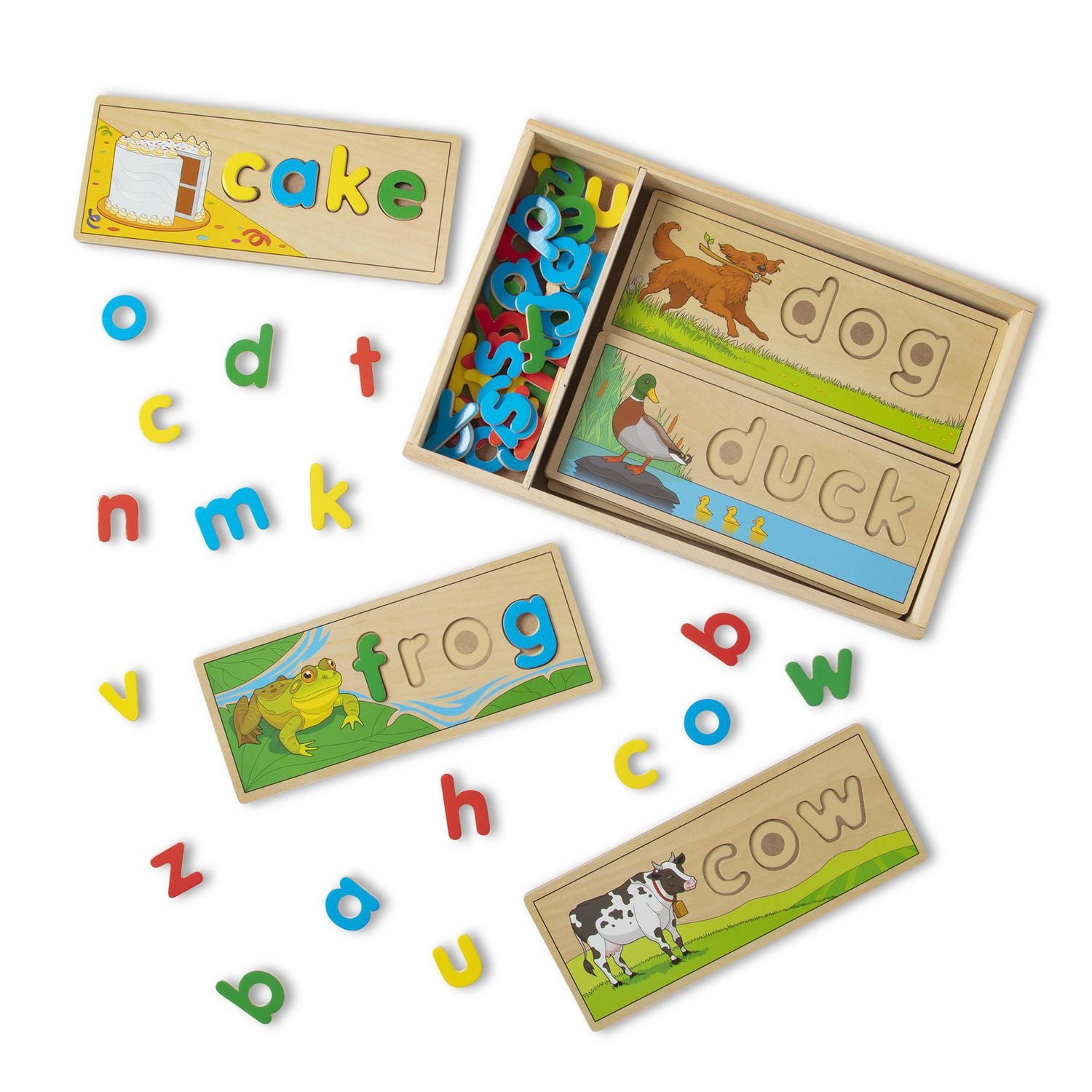 Melissa & Doug See & Spell Jouet éducatif en bois avec 8 tableaux d’orthographe recto-verso et 64 lettres.