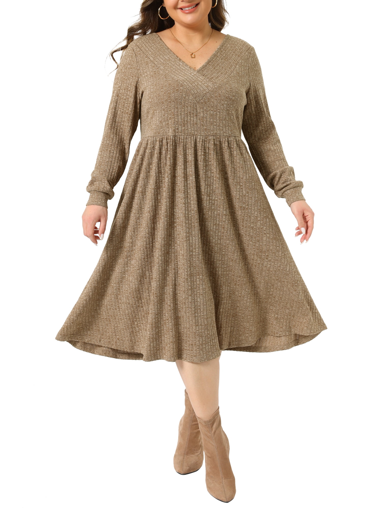 DARING DIVA Women's Plus Size V Neck Long Sleeve Ribbed Knit A Line Dress 3X Brown
