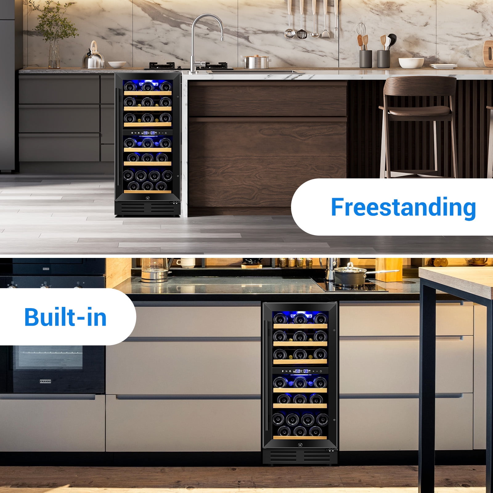 TITTLA 15 Inch Wine Cooler Refrigerator,30 Bottle,Daul Zone,Low Noise Wine Fridge ,Built-in or Freestanding,Black