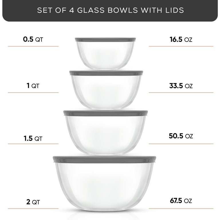 JoyJolt Set of 4 Glass Mixing Bowls with Lids ,Grey