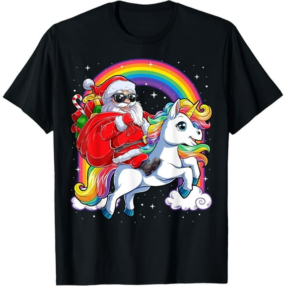 Christmas Santa Riding Unicorn Xmas Girls Women Rainbow Short Sleeve T-Shirt