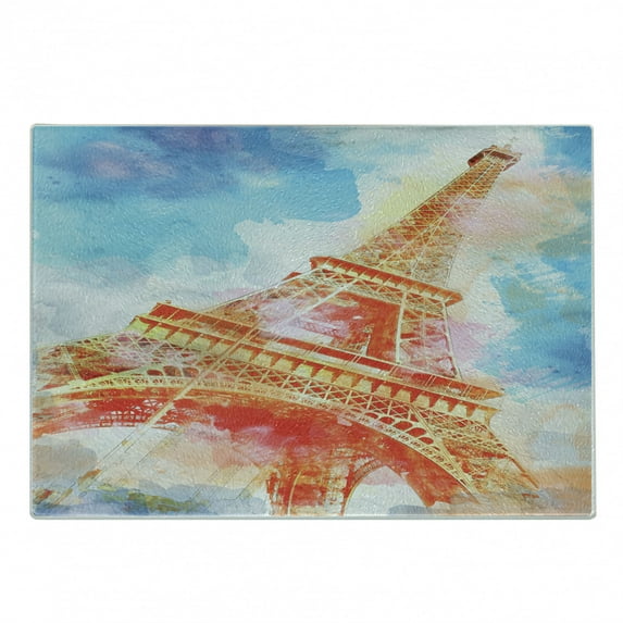 Eiffel Tower Cutting Board, Watercolor Painted Linework Eiffel Tower Landmark Colorful Illustrated, Decorative Tempered Glass Cutting and Serving Board, Small Size, Yellow Blue Red, by Ambesonne