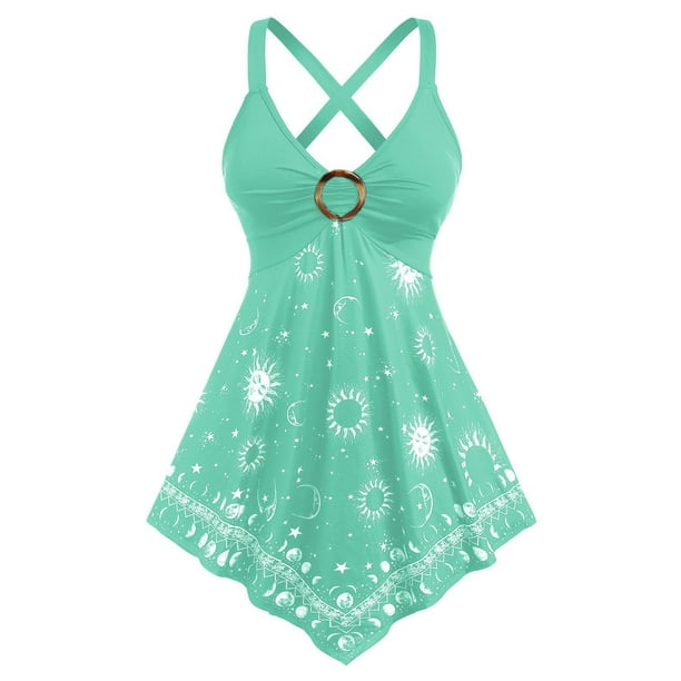 Tank Top de Talla Extra con Anillo Cruzado con Estampado de Luna y Luna Rosegal Camisetas sin mangas de talla grande