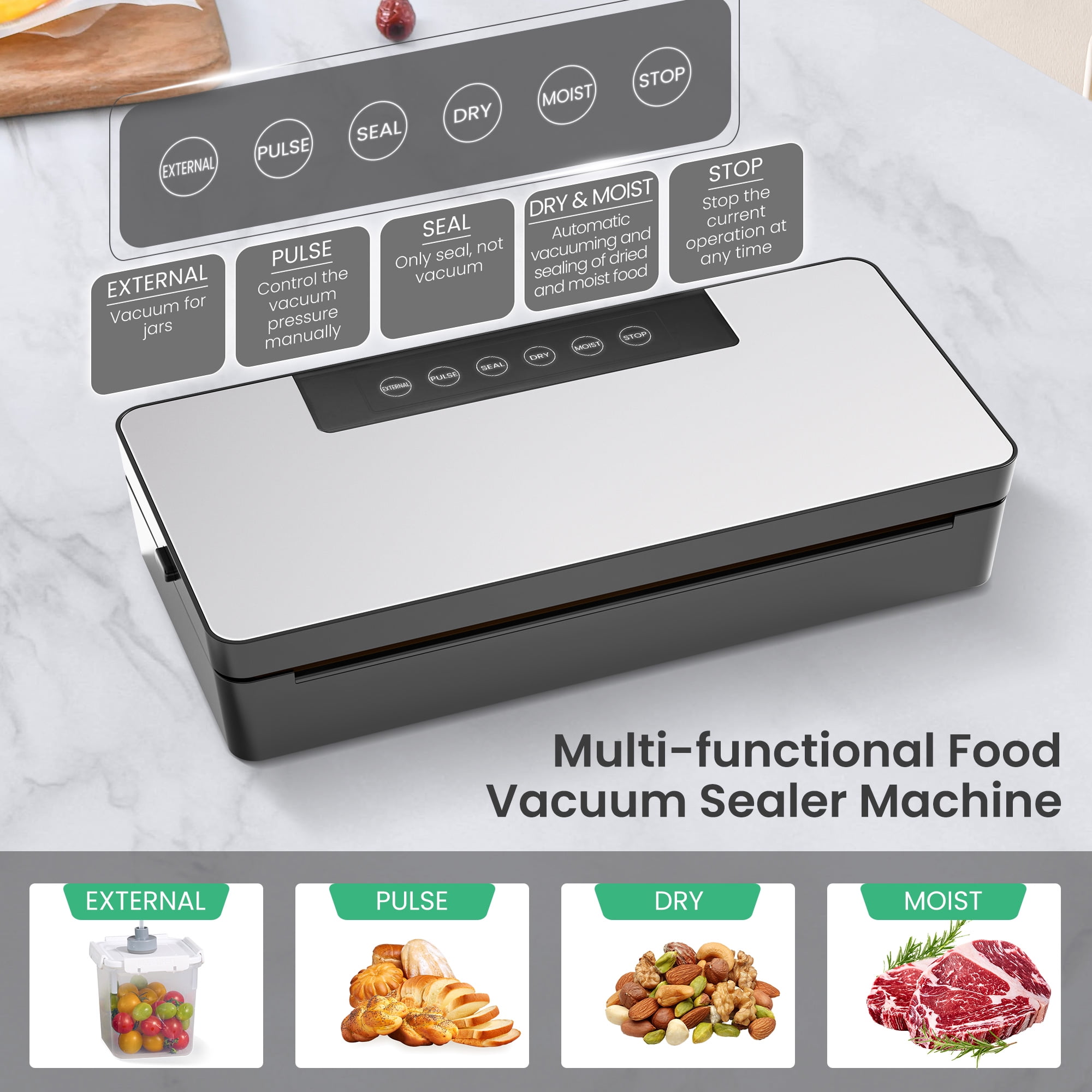 Naipo Vacuum Sealer Machine,Automatic Air Sealing System for Dry & Moist Foods, Powerful 90Kpa Precision 6-in-1 Compact Food Preservation System with Air Hose & Low-Noise(Silver)