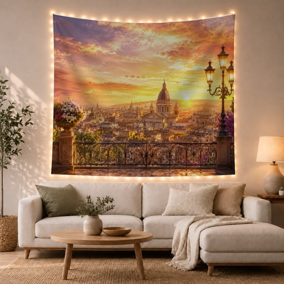 European City Skyline in Golden Sunset with Cathedral Dome Romantic Vintage for Home Lovers Cityscape Wall Art Housewarming Gift Tapestry Wall Hanging for Bedroom and Living Room