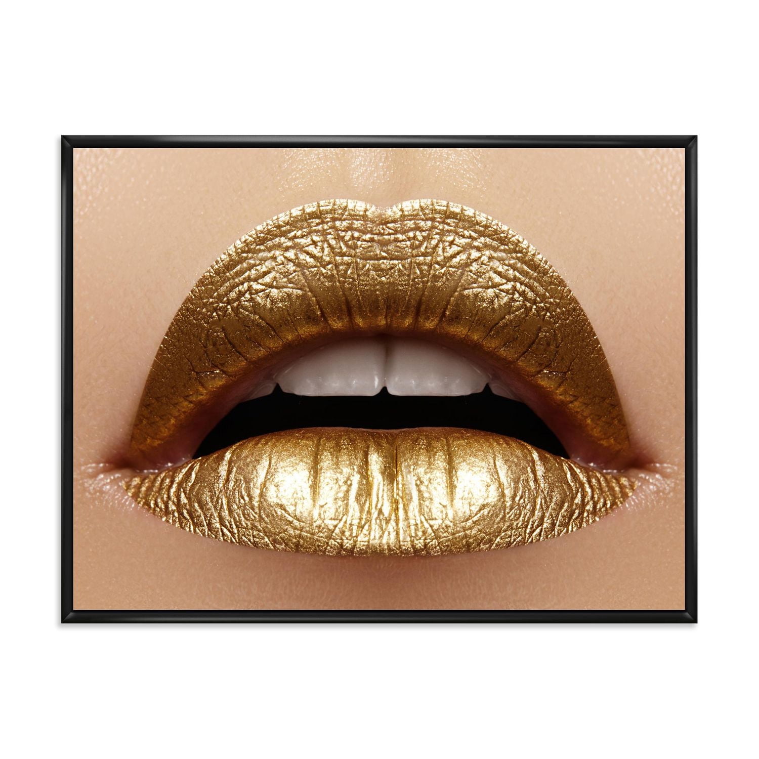 Designart Close Up of Female Plump Lips With Golden Lipstick FLOAT FRAME WALL ART