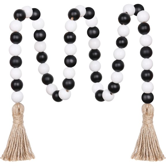 DizeyBoyo Wood Bead Garland - 39in Farmhouse Beads with Tassels for Tiered Tray Decor - Black & White