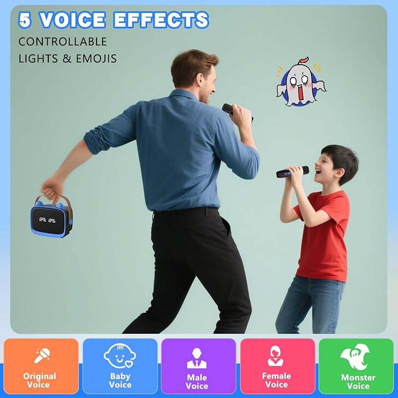 Zeokiar Upgraded Mini Karaoke Machine Toy for Kids, Portable Bluetooth Speaker with 2 Wireless Mics, Emoji & Colorful LED Lights, Home Travel & Party Play Gifts for Boys Girls (Pink)