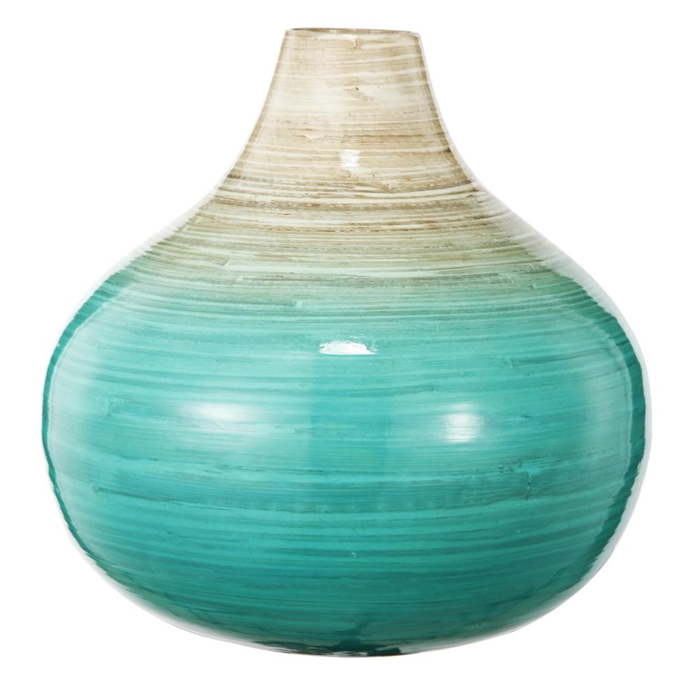 10.75" Teal and Tan Decorative Ombre Bamboo Dynasty Vase