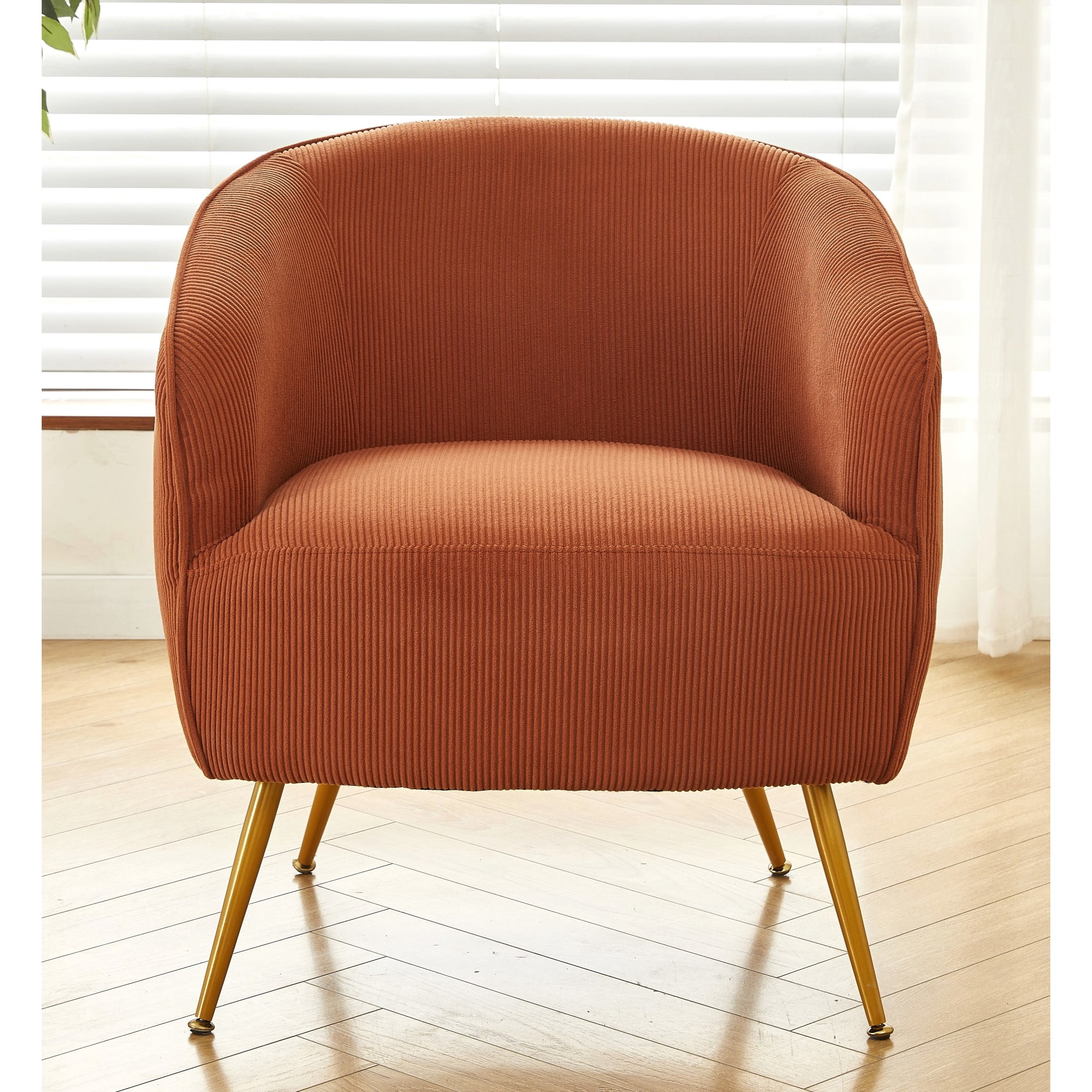 GDF Studio Modern Barrel Accent Chair with Corduroy Upholstery & Gold Metal Legs, Terracotta Brown