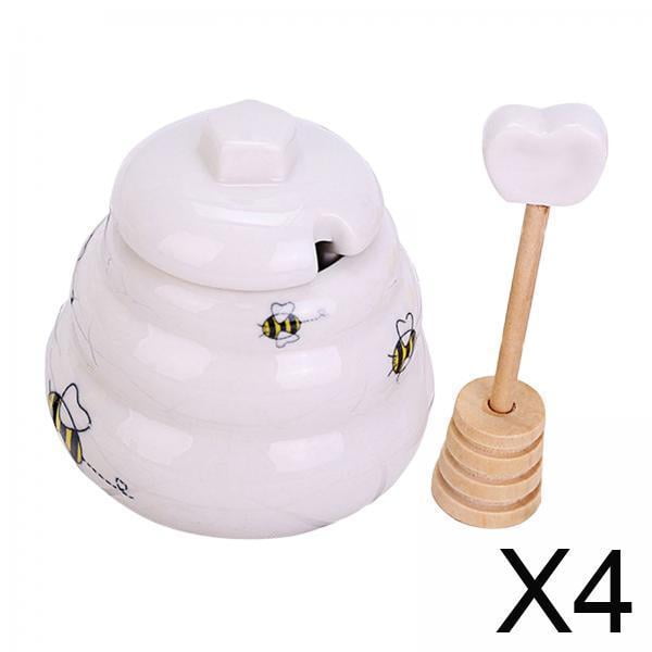 Tarro de miel,Mini tarro de miel de cerámica con forma de colmena y cucharón de madera,Tarro de miel de con forma de colmena para servir miel,Recipientes de cerámica para almacenar
