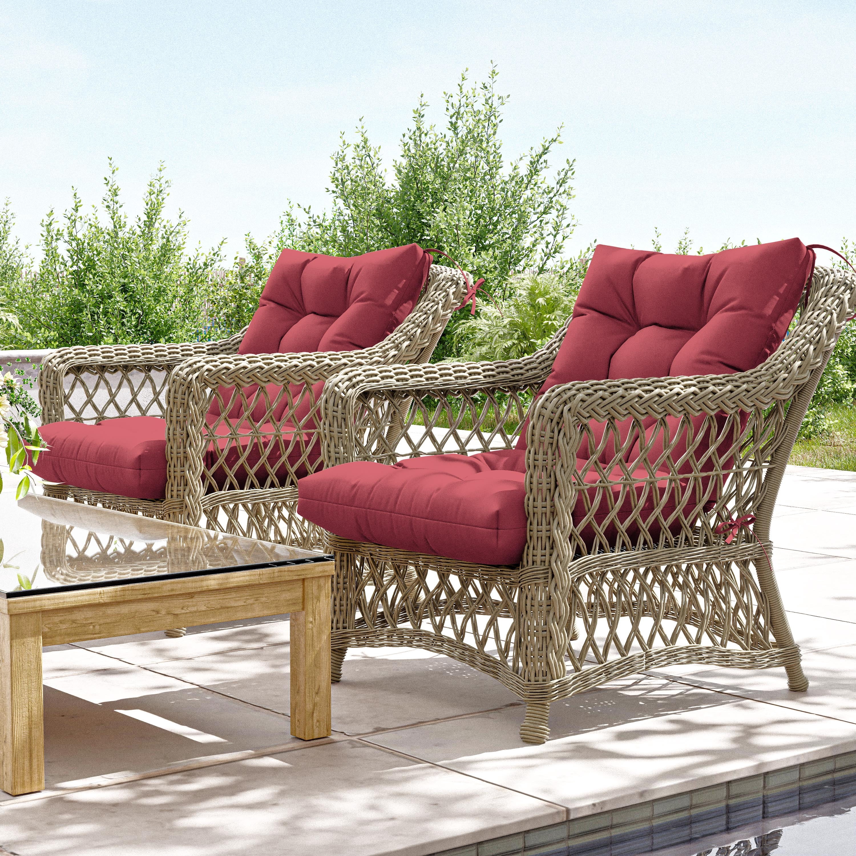 Pakunoda Chairs Cushions 42" X 21" Tufted Non Slip Pad Seat and Seatback 2 Set Cushion with Ties for Patio Outdoor & Indoor Rocking Chair, Fuchsia Red