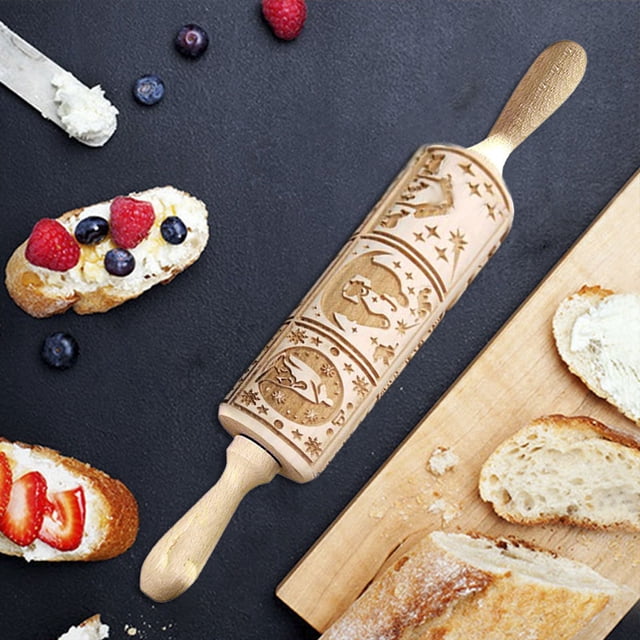 Christmas Themed Engraved Rolling Pin with Classic Nine Grid Design for Festive Baking and Making