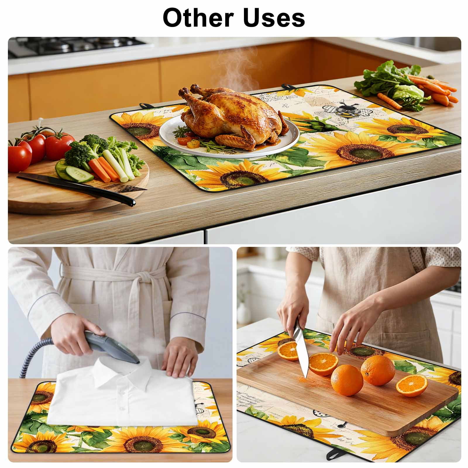 Sunflower Bee Stove Top Cover for Electric Stove, Heat-proof & Non Slip Glass Top Stove Cover Protector, Yellow Botanical Vintage Rose Floral Spring Kitchen Flat Cooktop Rubber Mat 24x21 Inches